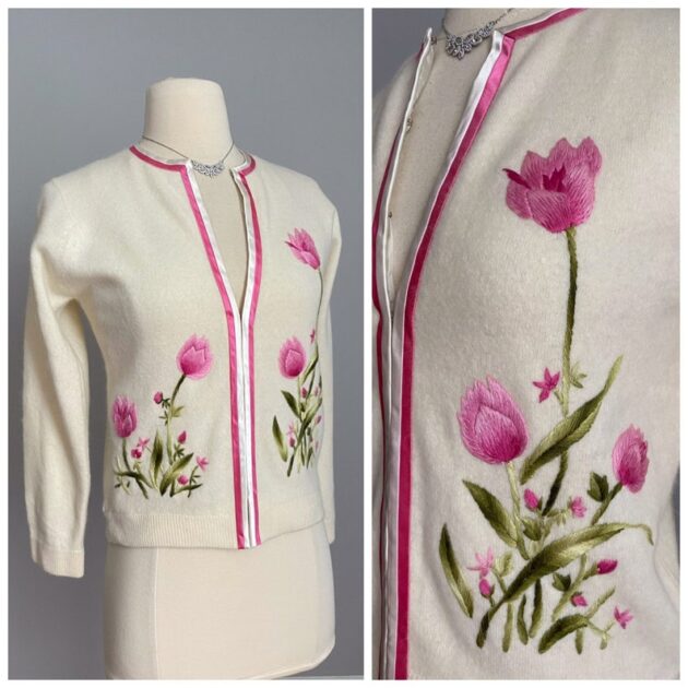 Beautiful Vintage 1950’s 1960’s Hand Embroidered flowers tulips cardigan